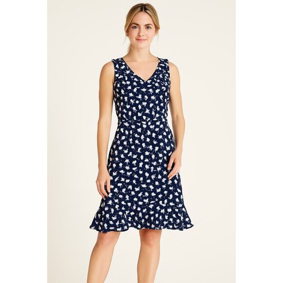 Talbots Navy White Floral Flutter Hem Belted Dress 8P Petite - Picture 1 of 9